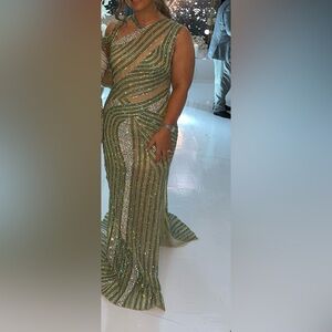 Elegant Green and Silver Evening Gown